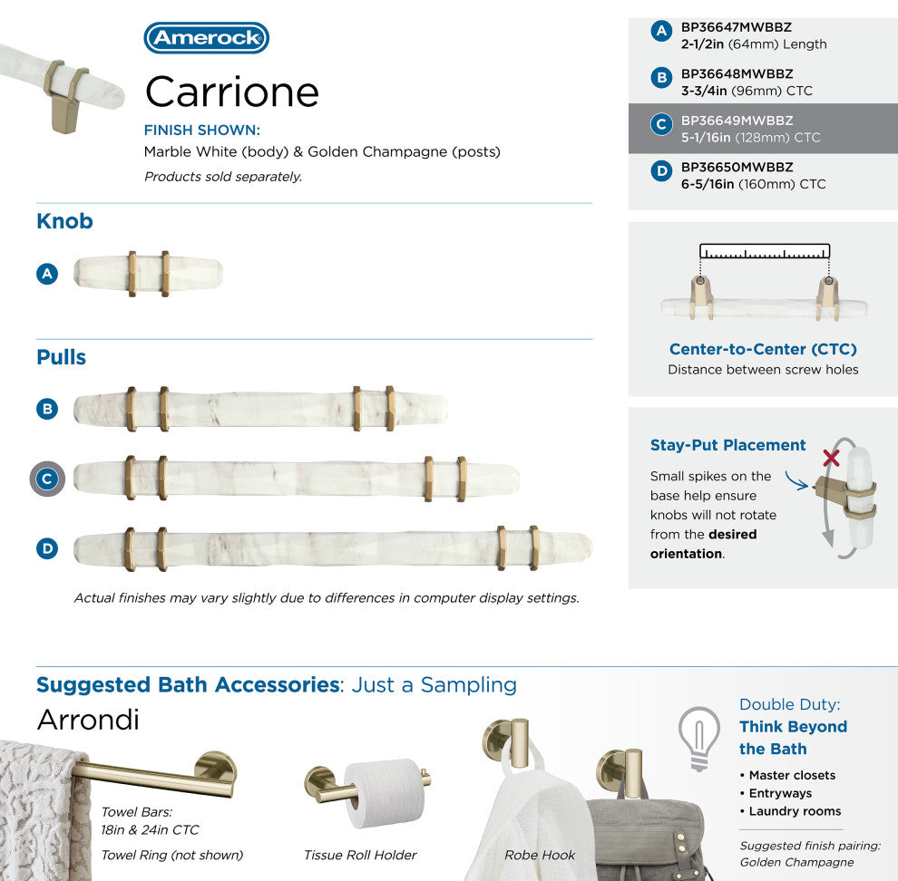 Carrione Cabinet Pull, Marble White/Golden Champagne, 5-1/16" Center-to-Center