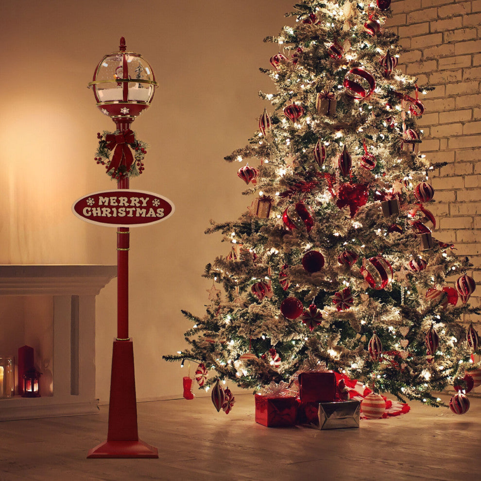 Let It Snow 69" Snow Globe Lamp Post, Red, Santa, 2 Signs, Snow, Holiday Carols