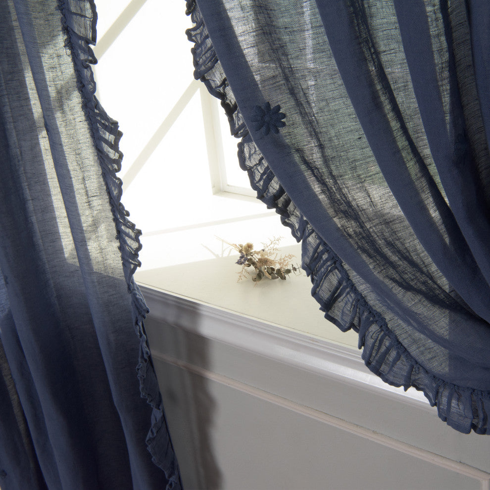 Sheer Side Ruffle French Linen Curtain, Indigo
