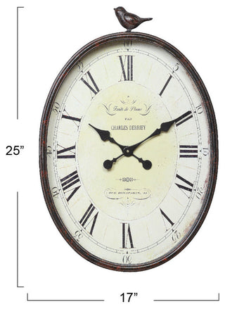 Oval Metal Wall Clock With Bird