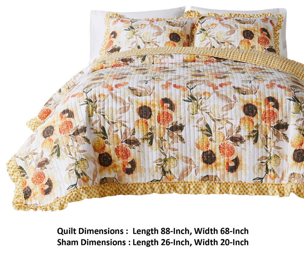 Benzara BM293498 Twin Quilt Set With Pillow Sham, Cotton, Ruffled Border, Gold