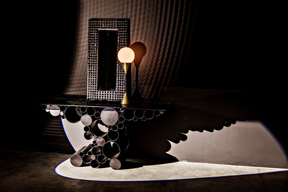 NOIR Furniture - Paradox Console, Black Metal with Glass Top - GCON371MTB