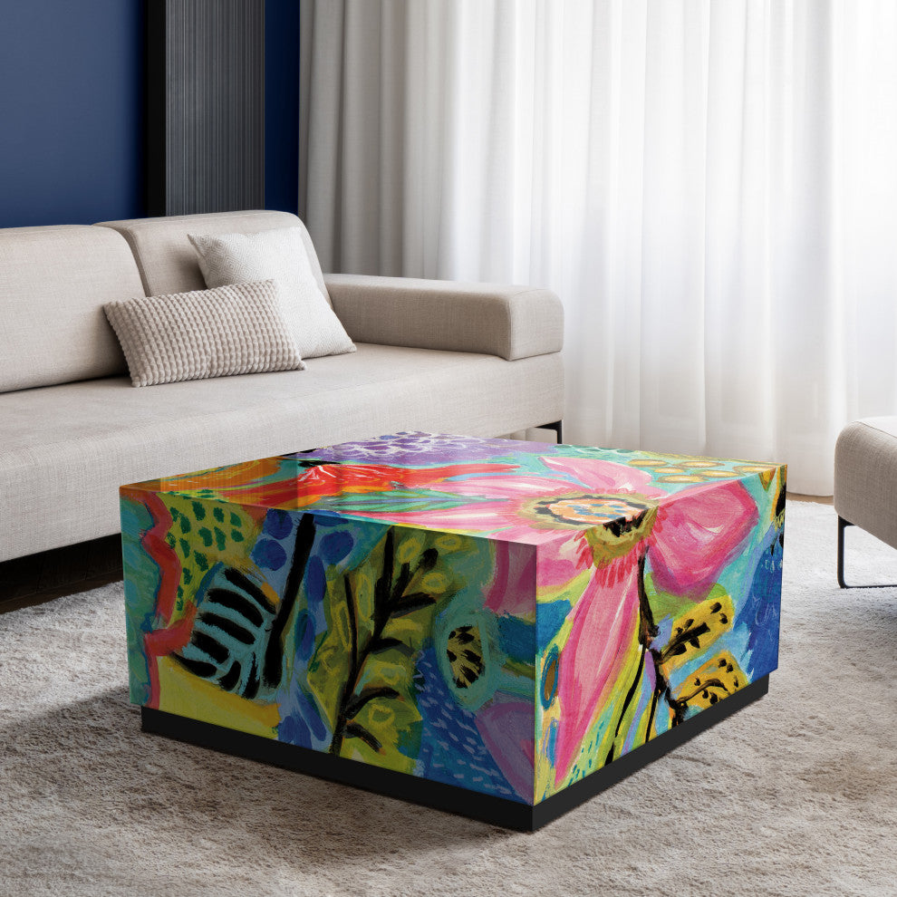 "Secret Garden Floral II" Printed Glass Cocktail Table with Black Plinth Base