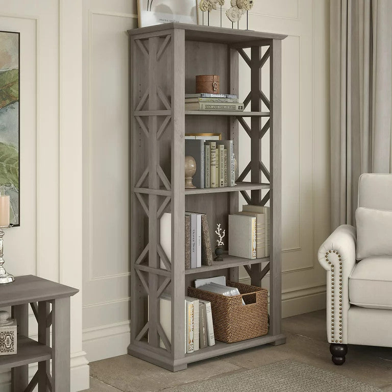 Farmhouse Bookcase, Open Shelves With Geometric Accented Sides, Drifted Gray
