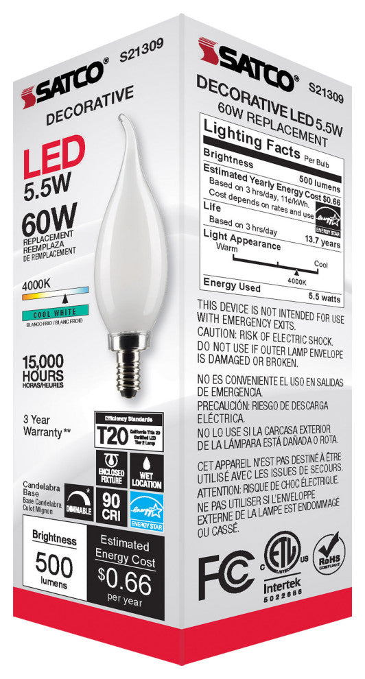 5.5W CA10 LED, Frost, Candelabra Base, 90 CRI, 4000K, 120V