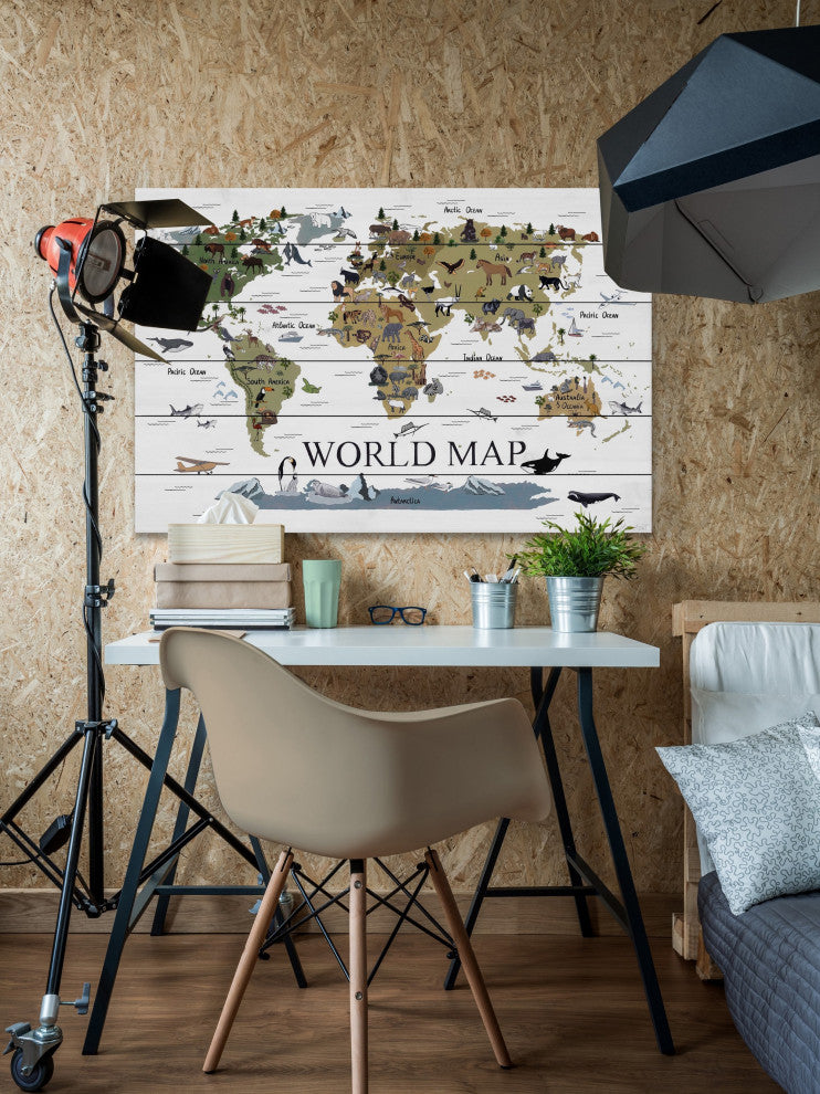 "World Map of Animals" Painting Print on White Wood, 36x24