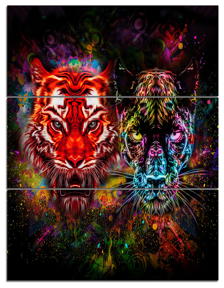 Tiger and Panther with Splashes, Animal Triptych Canvas Print, 28x36, 3 Panels