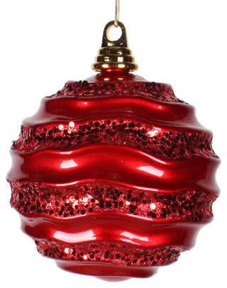 Vickerman M132103 8" Red Stripe Candy Finish Wave Ball Christmas Ornament