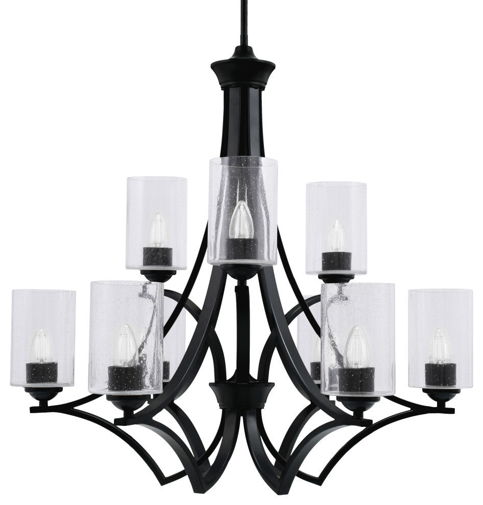Zilo, 9 Light, Chandelier, Matte Black Finish With 4" Clear Bubble Glass