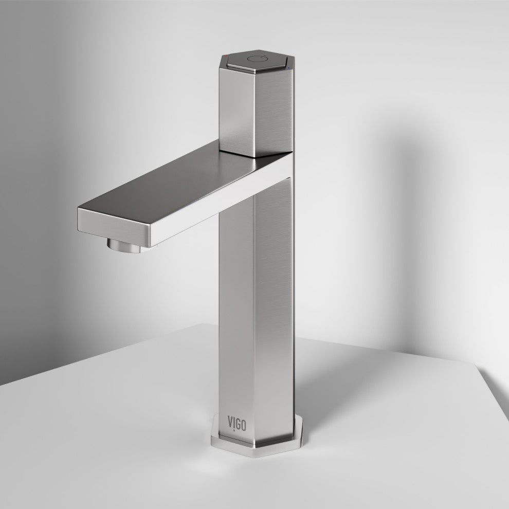 VIGO Nova 8" H Button Operated Single Hole Bathroom Faucet, Brushed Nickel, Without Extras