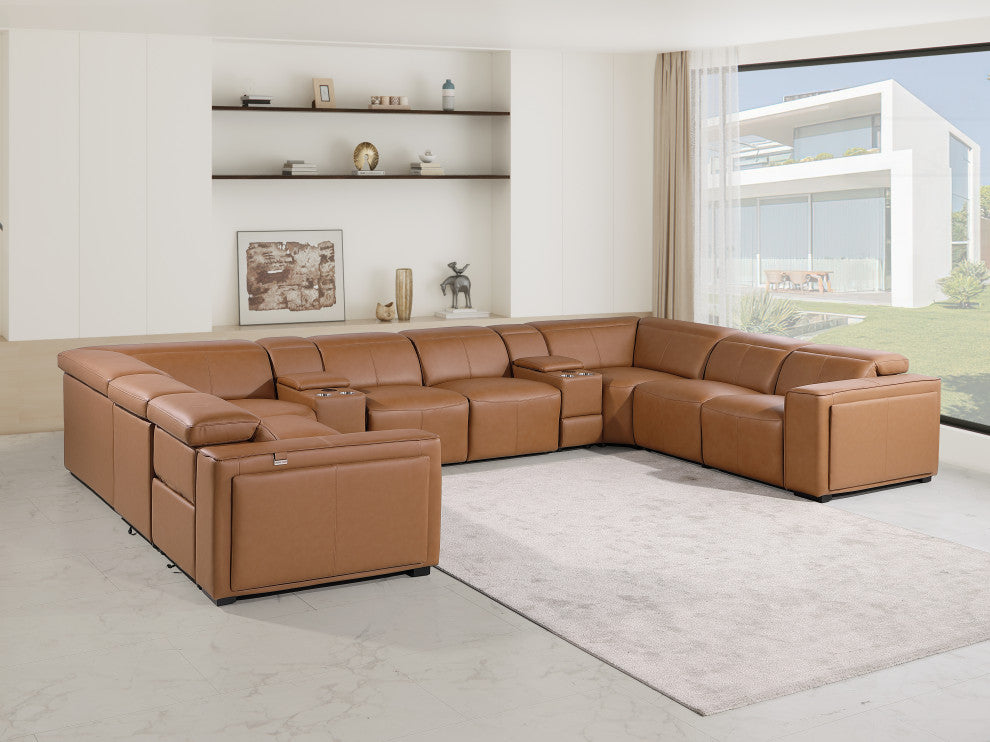 Niccolo Italian Leather 10-Piece U-Shaped 4 Power Reclining Sectional, Cognac