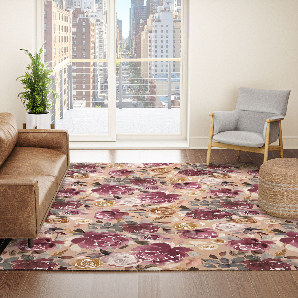 Ninola Design Vintage Peonies Beige Burgundy Area Rug