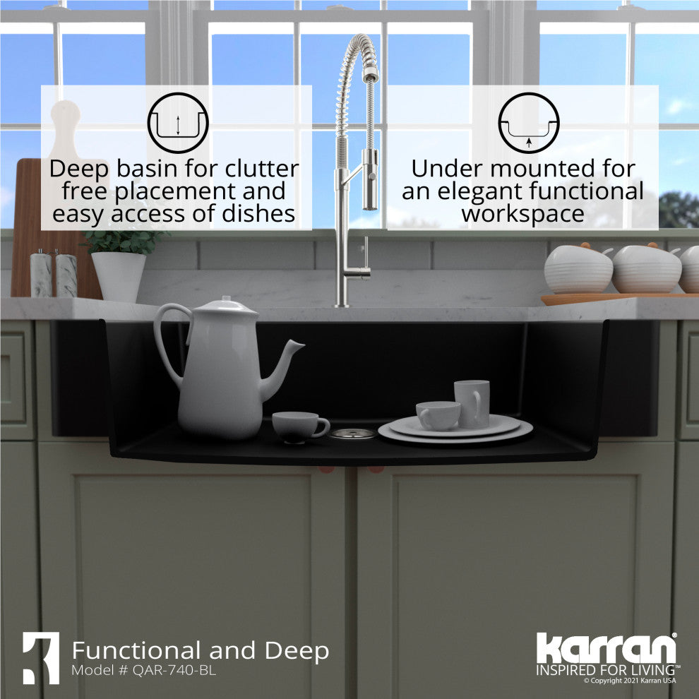 Karran Retrofit Farmhouse Quartz 34" Single Bowl Sink, Black