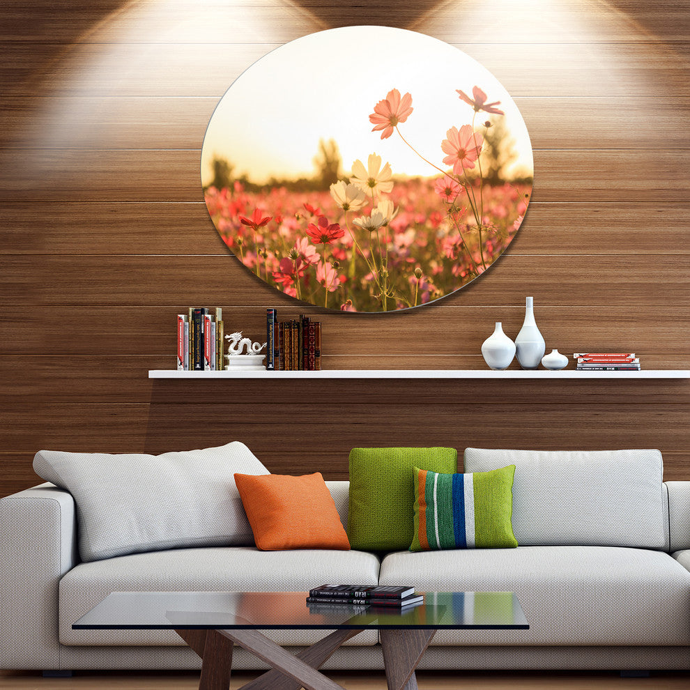 Cosmos Flowers On Sunset Background, Modern Floral Round Wall Art, 11"