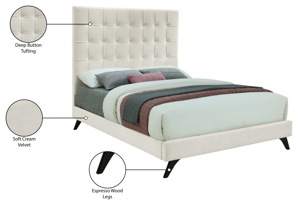 Elly Velvet Upholstered Bed, Cream, Queen