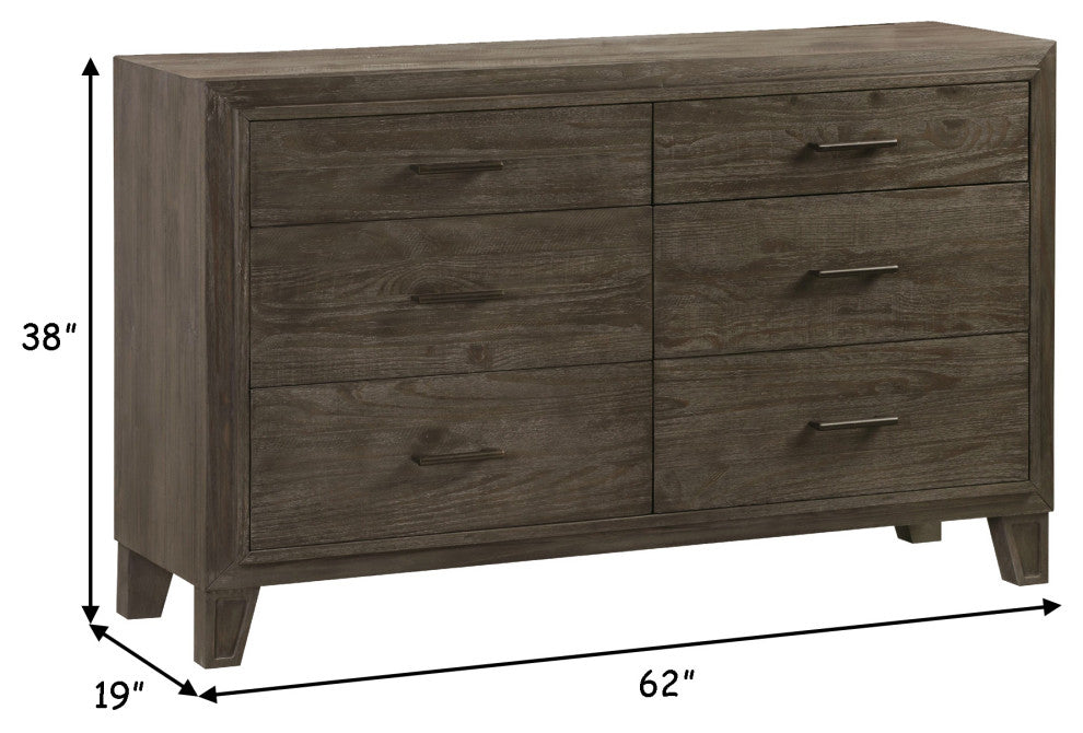 Benzara BM273443 Solid Pine Wood Dresser, 6 Drawers, Metal Handles, Rustic Brown