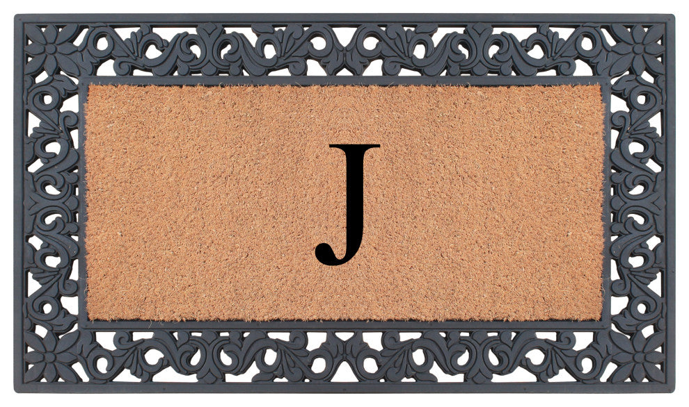 A1HC Rubber & Coir Floral Outdoor Durable Monogram Doormat 18"x30", Black, J