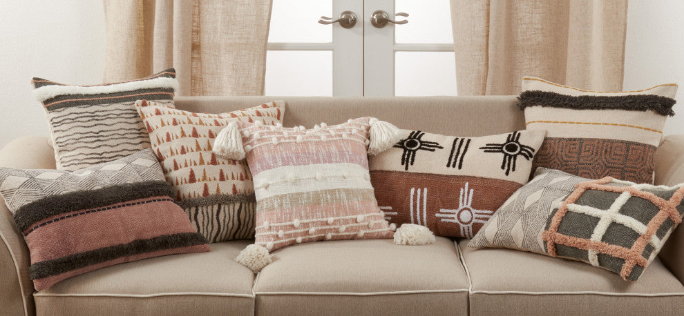Poly Filled Printed and Embroidered Throw Pillow With Two-Tone, 16"x24", Mocha