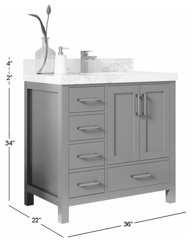 Malibu 36 Center Sink Bath Vanity in Elephant Skin Gray 2" Calacatta Poanazzo