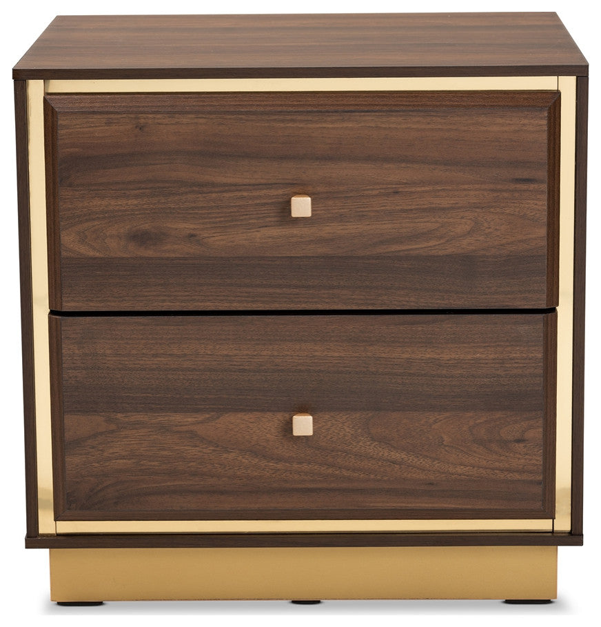 Mid-Century Modern Walnut Brown Finished Wood and Gold Metal 2-Drawer Nightstand