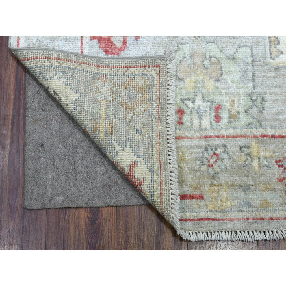 Gray Afghan Angora Oushak with Touches of Red Hand Knotted Wool Rug, 2'10"x17'0"