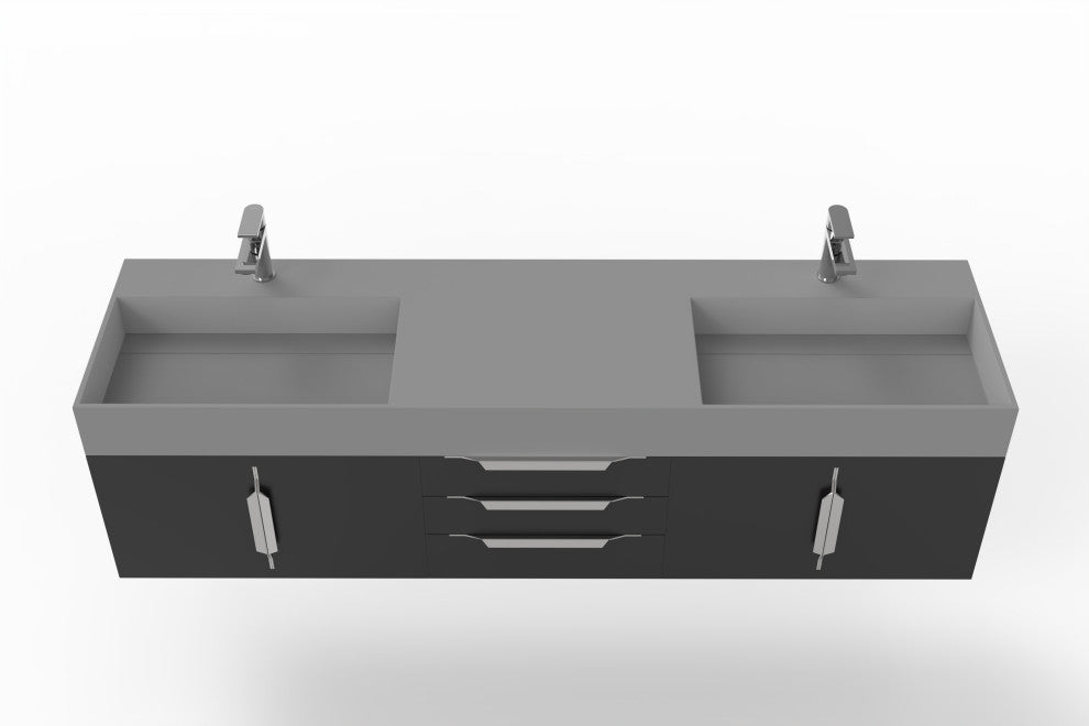CastelloUSA Amazon 72" Wall Mounted Vanity Set, Black, Gray Top, Chrome Handles