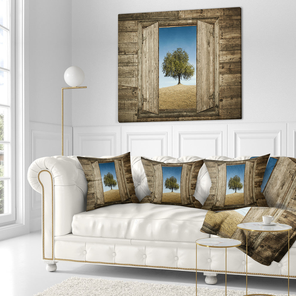 Window Open To Solitary Tree Modern Landscape Printed Throw Pillow, 18"x18"