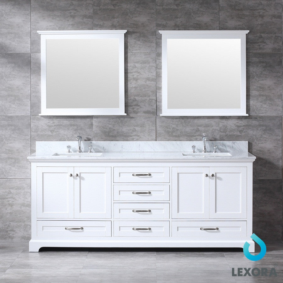 80" White Double Vanity, White Carrara Marble Top, White Sinks and 30" Mirrors