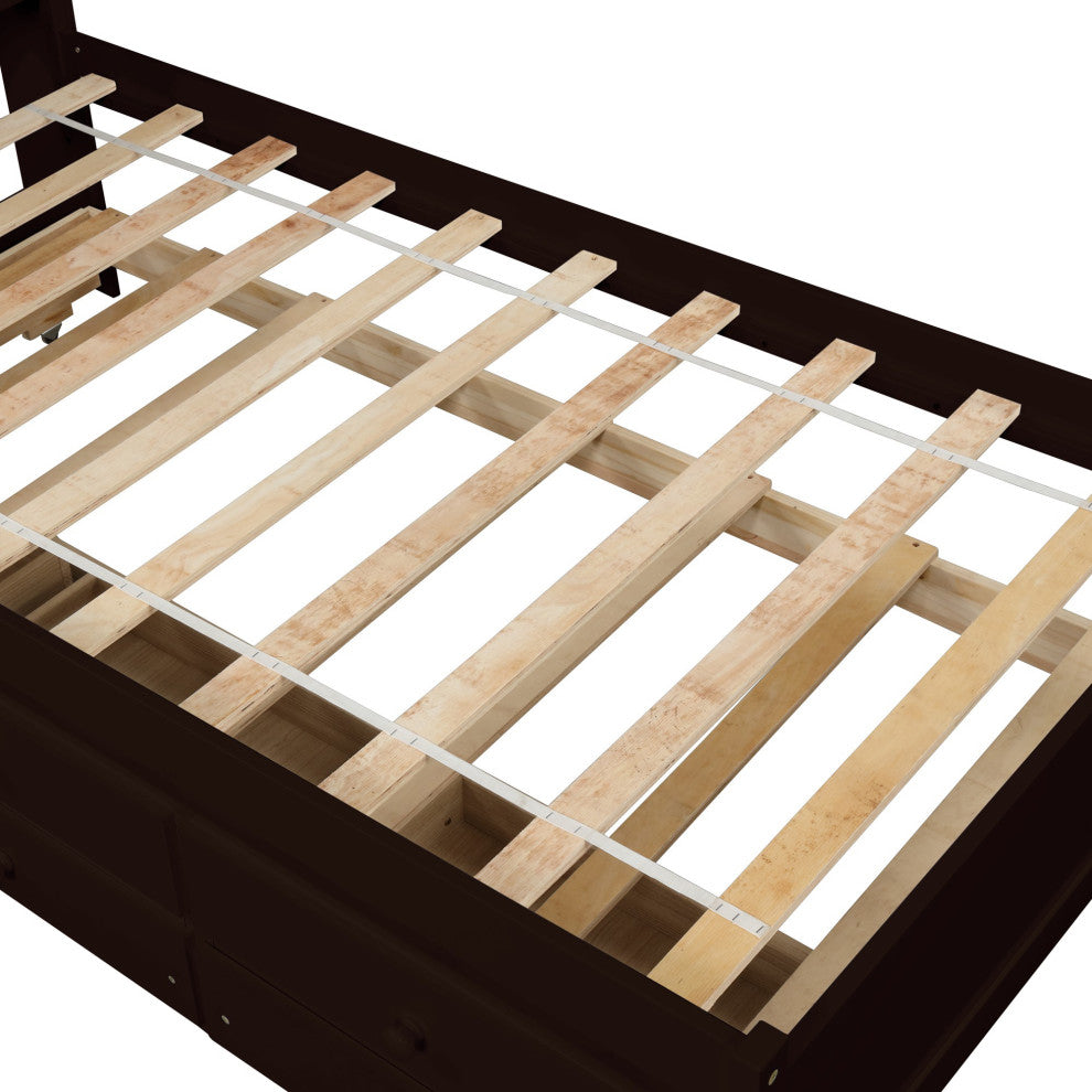 Full/Twin Wood Frame Platform Bed with Trundle and Drawers, Espresso, Twin