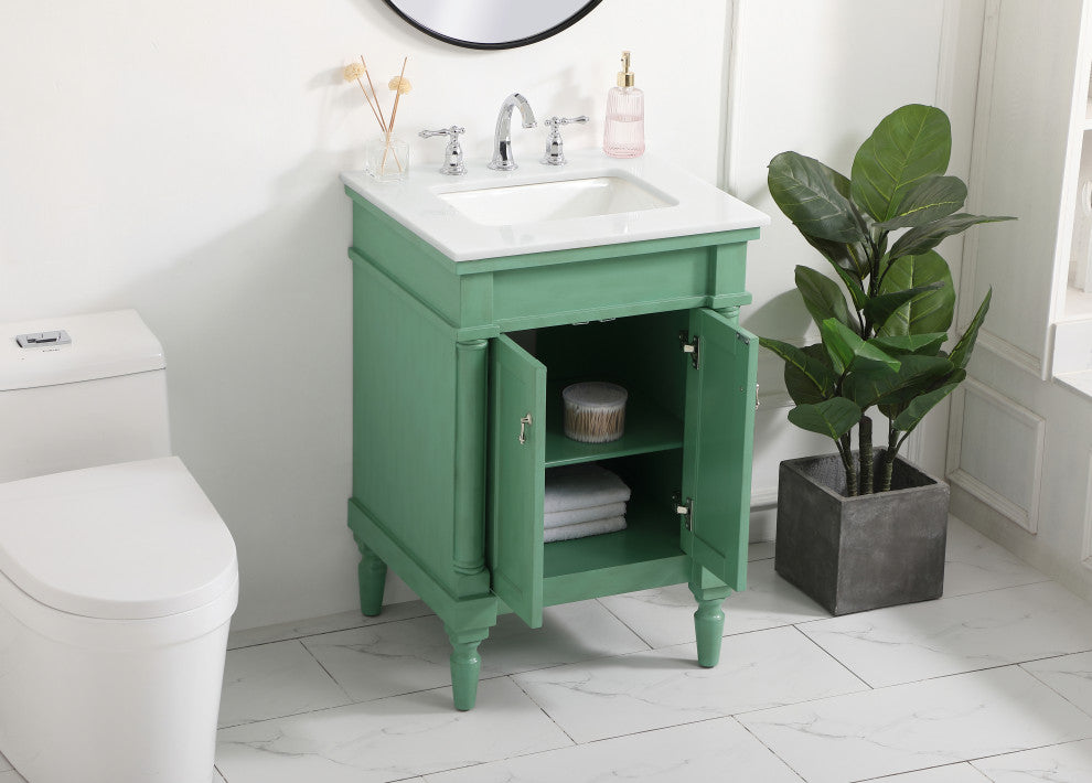 24" Single Bathroom Vanity, Vintage Mint With Ivory White Engineered Marble