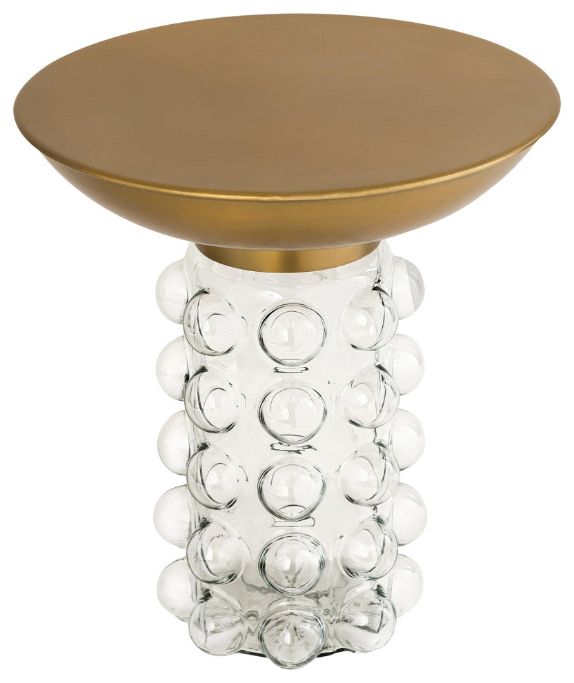 Glass Side Table, Brass Gold End Table, Modern Eclectic Accent Table, Round Top