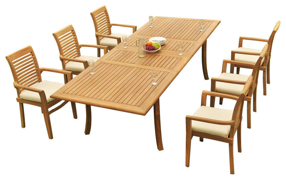 7-Piece Outdoor Teak Dining Set: 117" Rectangle Table, 6 Mas Stacking Arm Chairs