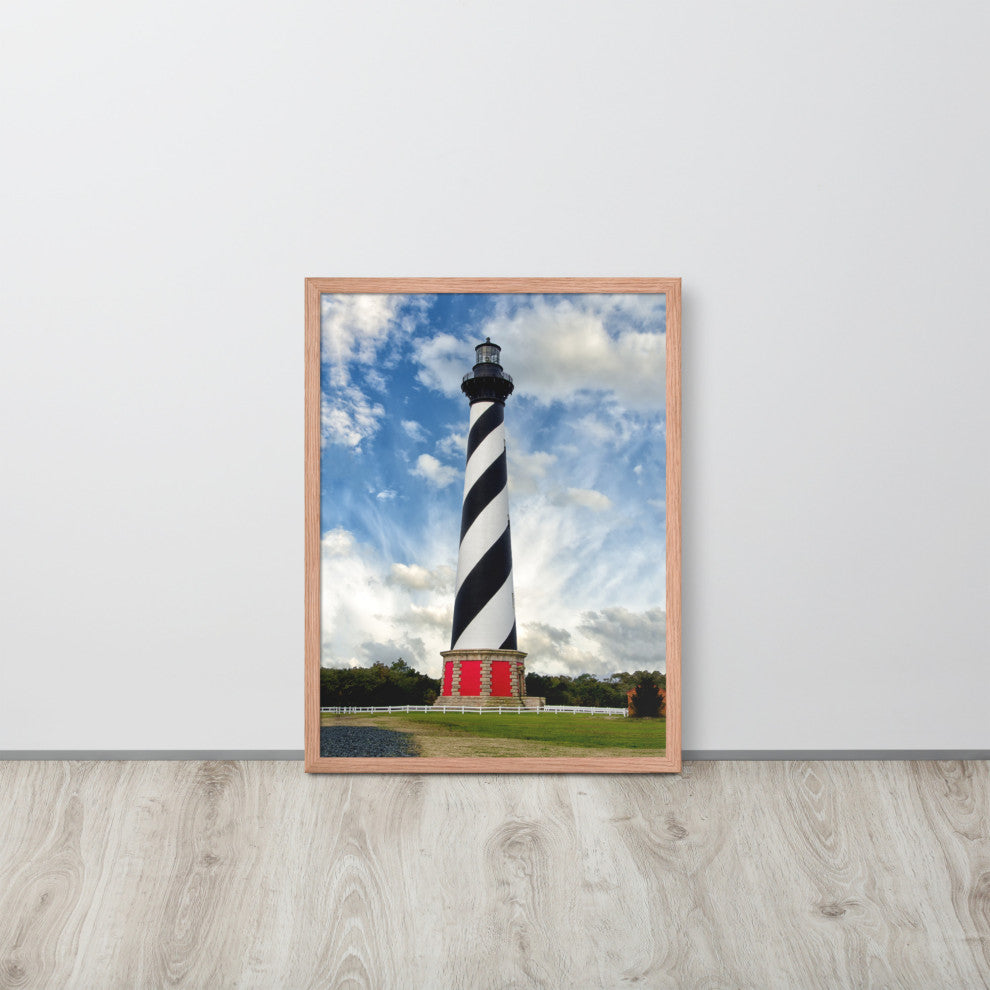 Cape Hatteras Lighthouse Coastal Landscape Framed Photo Paper Wall Art Prints, Red Oak, 18" X 24"