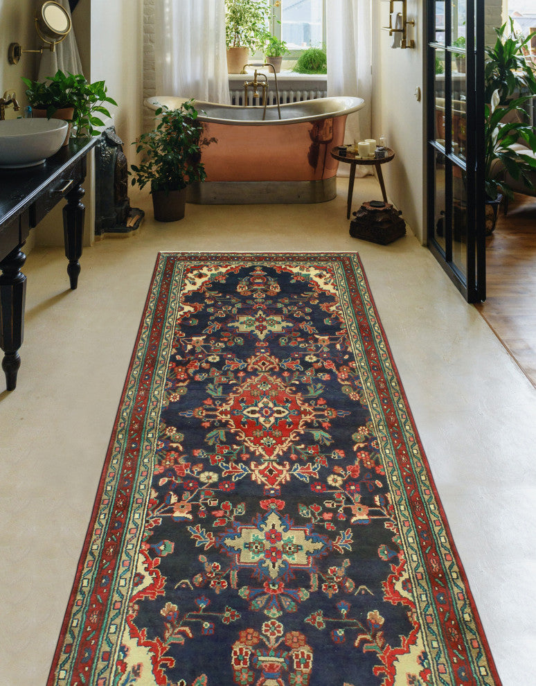 Fine Vintage Distressed Benon Navy/Ivory Runner, 3'8 x 9'11