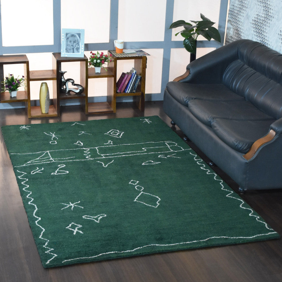 HAND KNOTTED LOOM SILK AREA RUGS-8'x10',Rectangle,Dark Green White,Contemporary