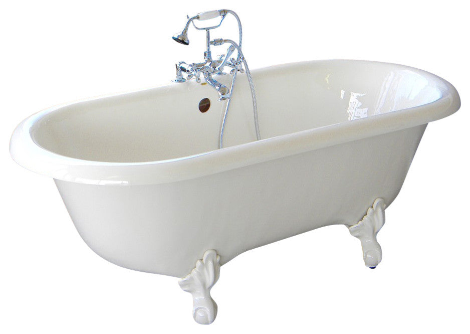 Marquis Biscuit Double Clawfoot Tub With Chrome Feet, Drilled Rim Faucets
