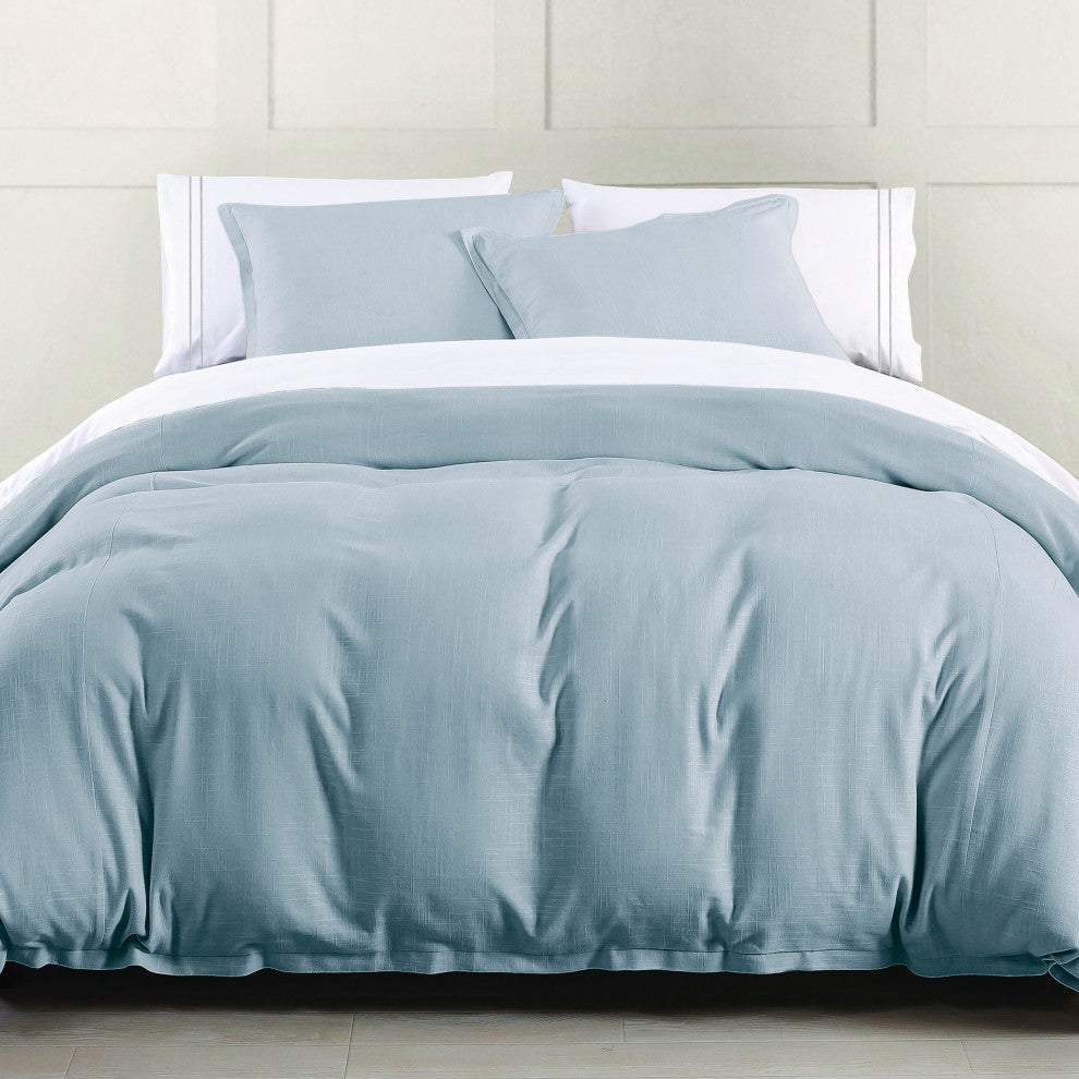 Hera Washed Linen Flange Comforter Set, 3PC, Light Blue, King