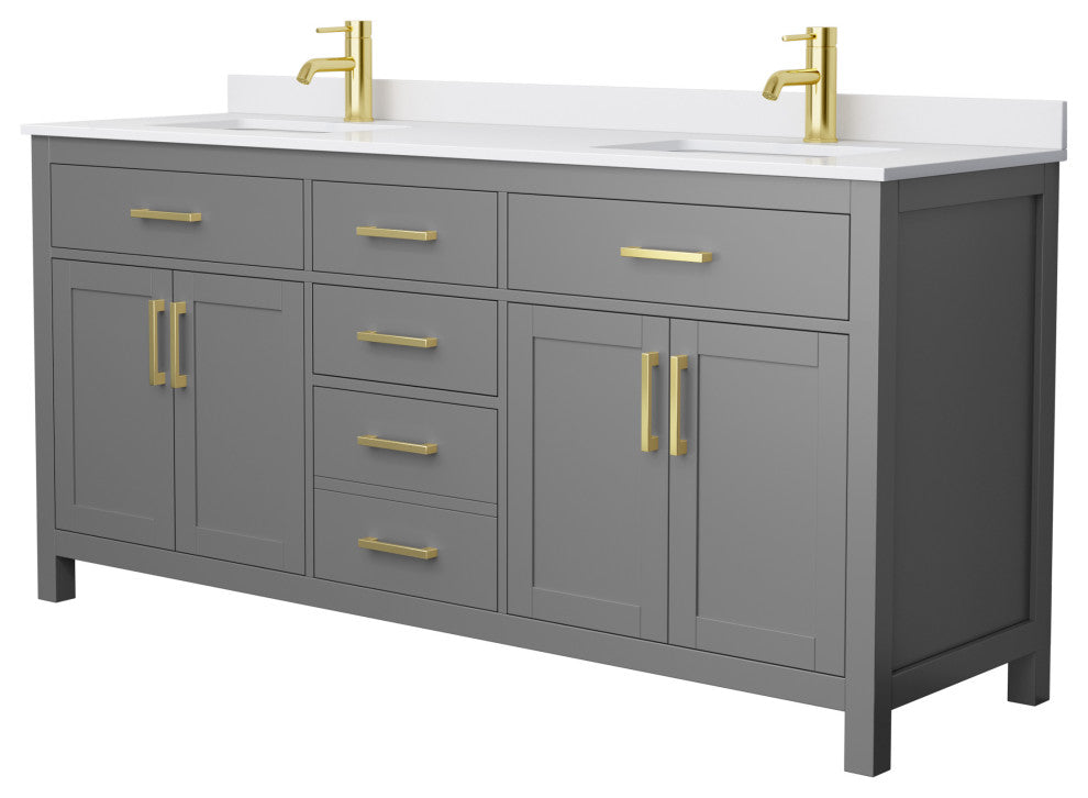 72"DBL Bath Vanity Dark Gray, White Cult.Marble Countertop, Sinks, Gold Trim