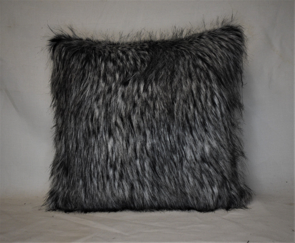 Faux Fur Black Gray Fox Decorative Animal Skin Throw Pillow, 17x17", Square
