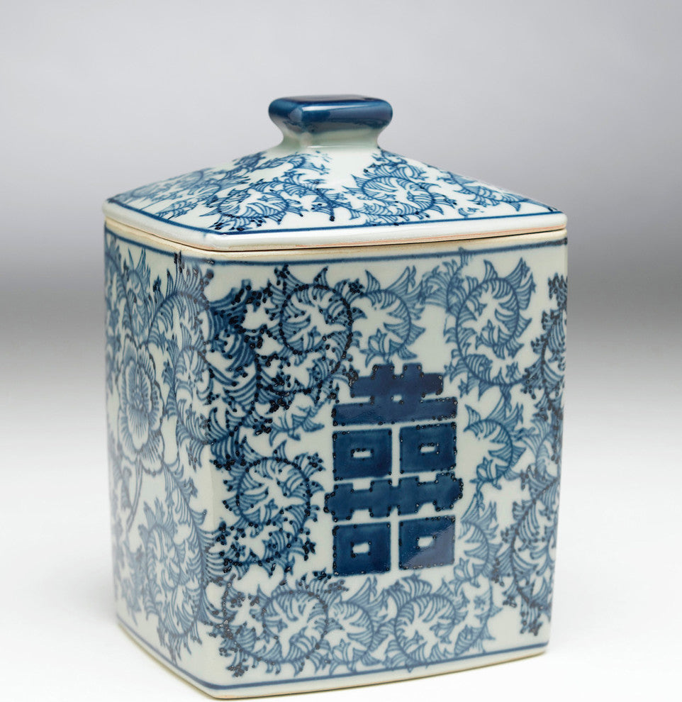 Antiqued Pale Green and Blue Square Jar With Lid