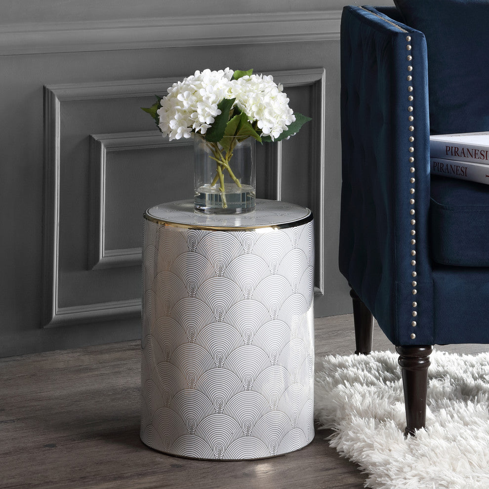 Fish Scale 17" Modern Ceramic Garden Stool, White and Gold
