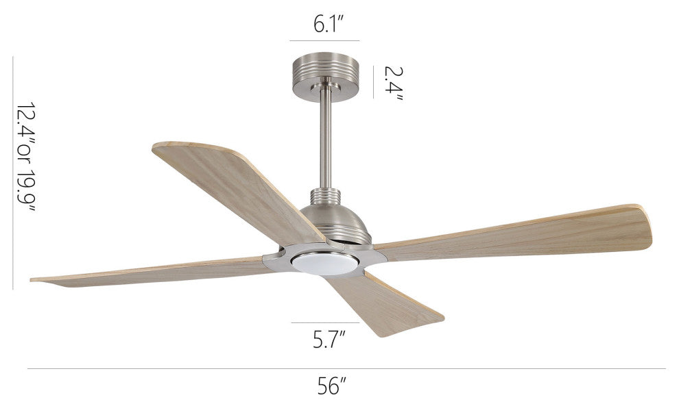 56" 4-Blade Solid Wood Ceiling Fan with LED Light and Remote Control, Brushed Nickel/Natural Wood