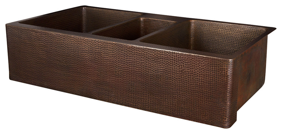 42" Hammered Copper Kitchen Apron Triple Basin Sink