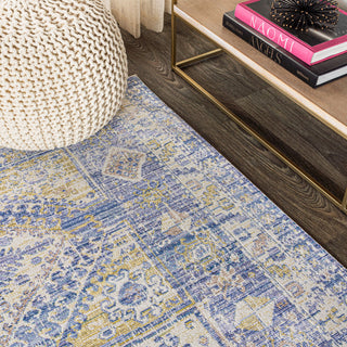 Darija Ornate Geometric Medallion Area Rug, Blue, 2 X 8