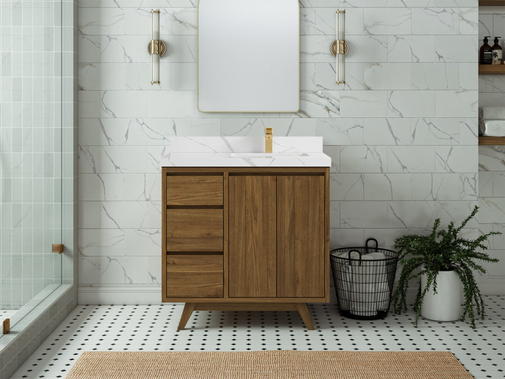 Madison  Teak 36 Right Offset Bath Vanity Golden Teak 2" Calacatta Laza