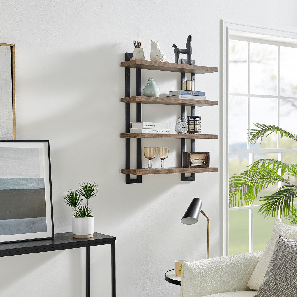Danya B. 4-Tier Floating Bracket Wall Shelf Metal and MDF Finish, Walnut