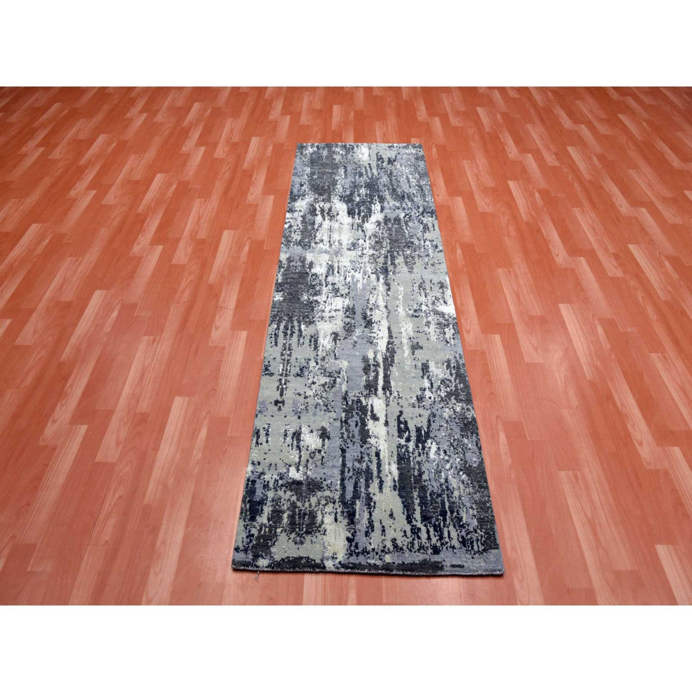 Gray Wool and Silk Denser Weave Persian Hand knotted Runner Rug, 2'6"x8'3"