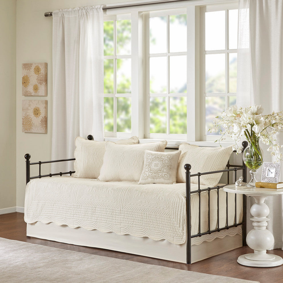 Madison Park Tuscany 6 Piece Reversible Scalloped Edge Daybed Cover Set, Cream