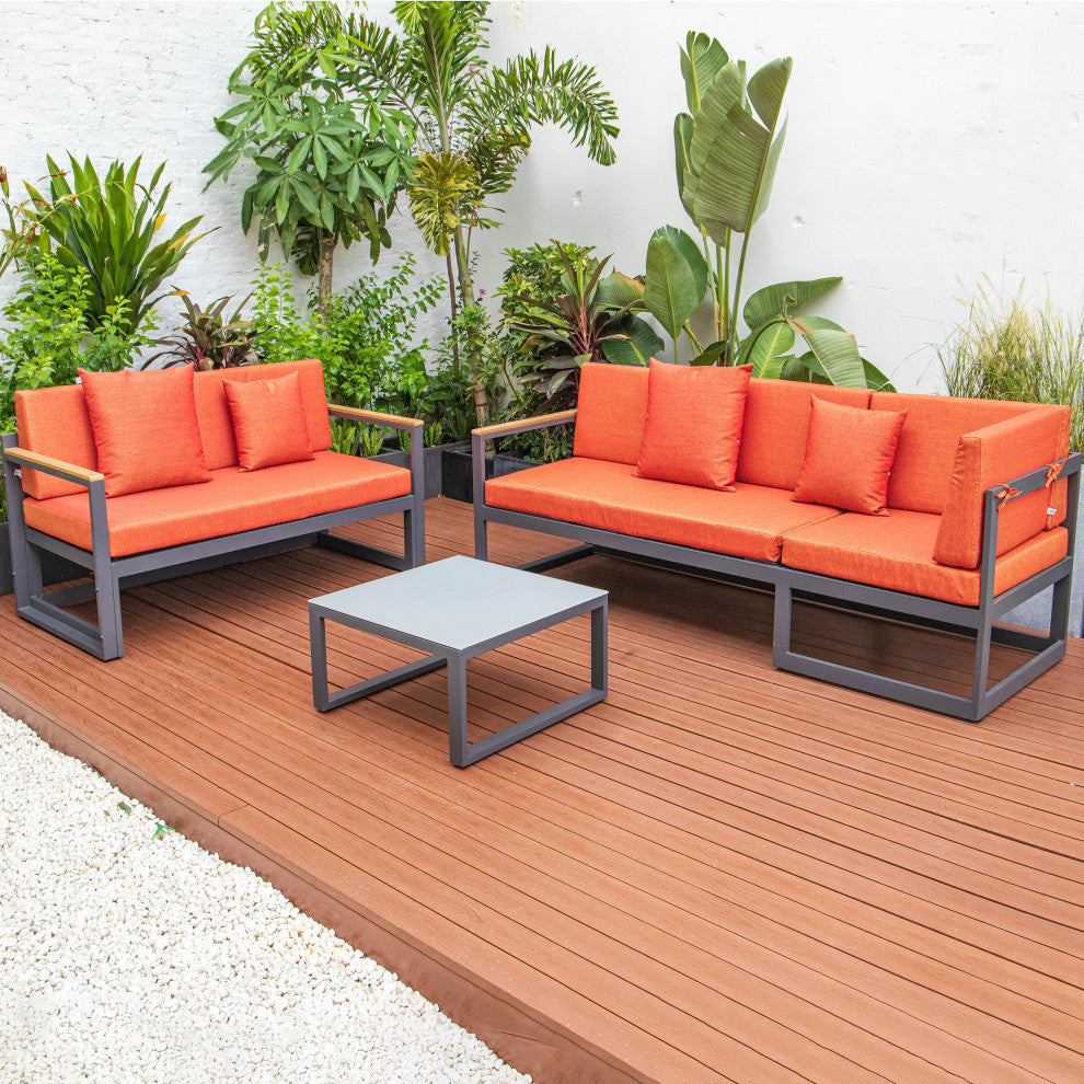 LeisureMod Chelsea Modern Black 3 Piece Outdoor Aluminum Sectional Set for Patio, Orange