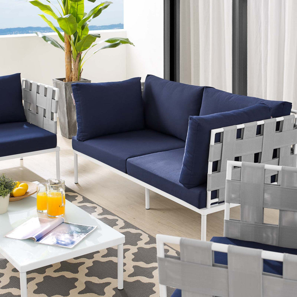 Sectional Sofa Chair Table Set, Sunbrella, Aluminum, Gray Blue Navy, Outdoor